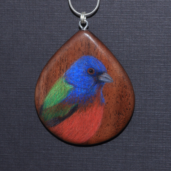 Painted Bunting on Walnut Wood Pendant Painted Bunting on Walnut Wood Pendant