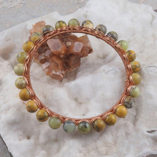 Yellow Moss Agate Copper Wire Wrapped Bangle Bracelet Yellow Moss Agate Copper Wire Wrapped Bangle Bracelet