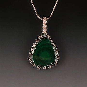 Malachite Pendant Necklace Sterling Silver Viking Knit Wire Wrapped
