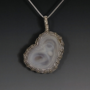 Chalcedony Druzy Rosette Pendant Necklace Sterling Silver Viking Knit Wire Wrapp