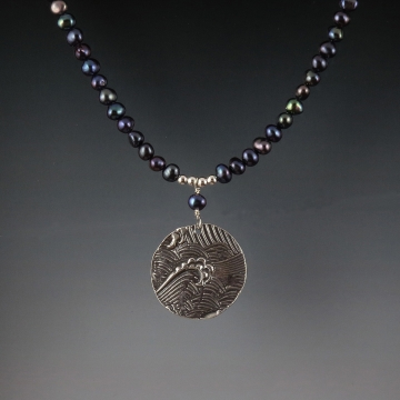 Koi Pond and Ocean Waves Sterling Silver Freshwater Pearl 2 Sided Necklace