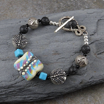 Artisan Lampwork Bracelet, Bali Sterling Silver, Hill Tribe Fine Silver