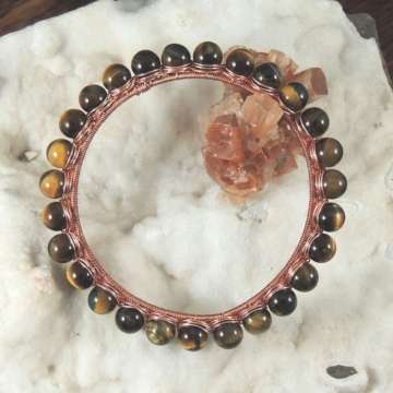 Blue Tiger Eye Copper Wire Wrapped Bangle Bracelet
