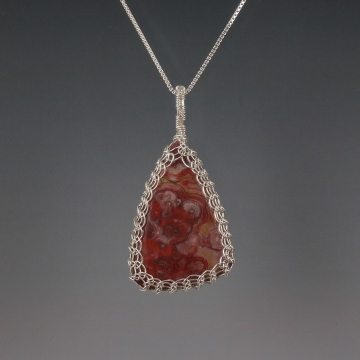 Crazy Lace Agate Pendant Necklace Sterling Silver Viking Knit Wire Wrapped